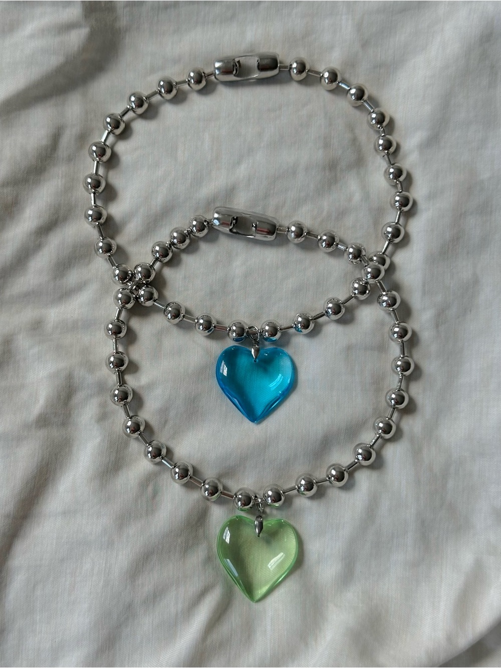 Silver Beaded Necklace with Red Heart Pendant